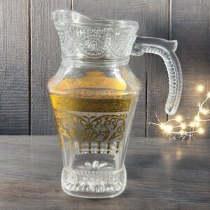 Bohemian Czech Clear Glass Pitcher Carafe Jug Heavy Gold Butterfly Pattern VTG
